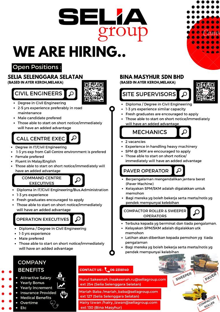 JAWATAN KOSONG DI SELIA SELENGGARA SELATAN SDN BHD DAN BINA MASYHUR SDN BHD
Sebarang pertanyaan lanjut sila hubungi pihak kami melalui Whatsapp wa.link/6lsmgp atau di talian 06-231 8140.
Sekian, terima kasih