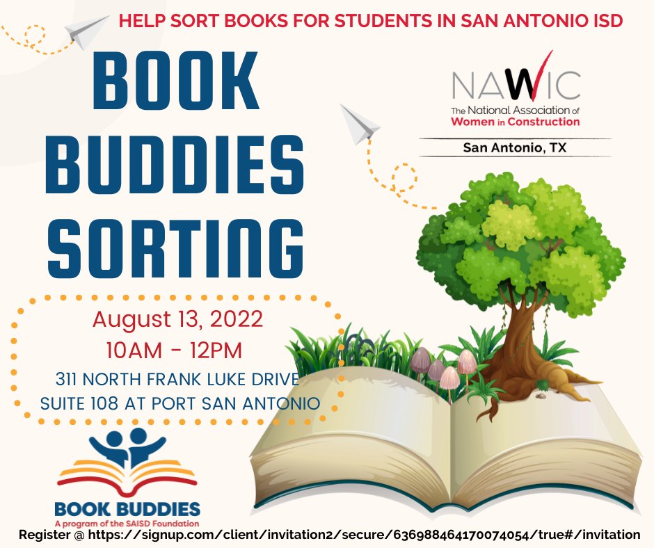 Volunteer with us on Saturday August 13, 2022 sorting books for students in San Antonio ISD at Port SA!

Register at signup.com/client/invitat…

#nawicsatx #buildingleaders #womeninconstruction #bookbuddies