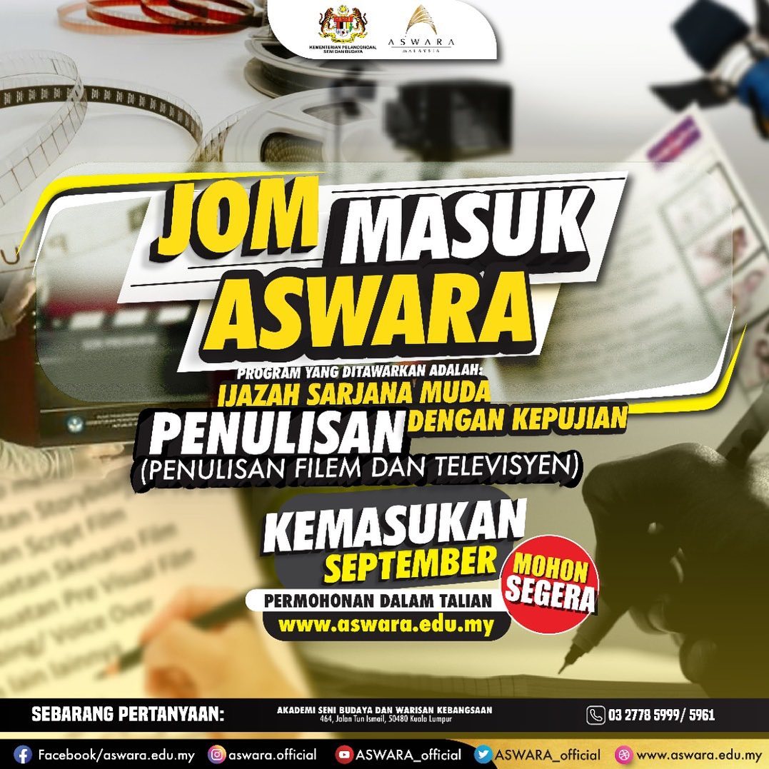 SAMBUNG PENGAJIAN DIPLOMA & IJAZAH PENULISAN KREATIF Anda berbakat dan berminat untuk mendalami bidang penulisan kreatif? Jadikan Program Penulisan Kreatif ASWARA sebagai pilihan anda untuk menyambung pengajian. Mohon di : sms.aswara.edu.my/aswaraweb/