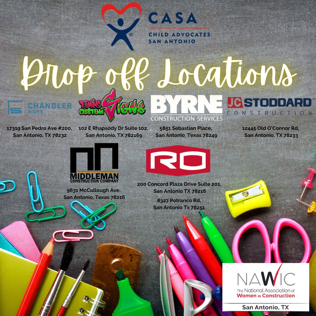 Child Advocates San Antonio (CASA) Back to School Drive July 6 - August 11. We need school supplies for children entering Pre-K through 12th grade. 

#nawicsatx #schoolsuppliesdrive #buildingleaders