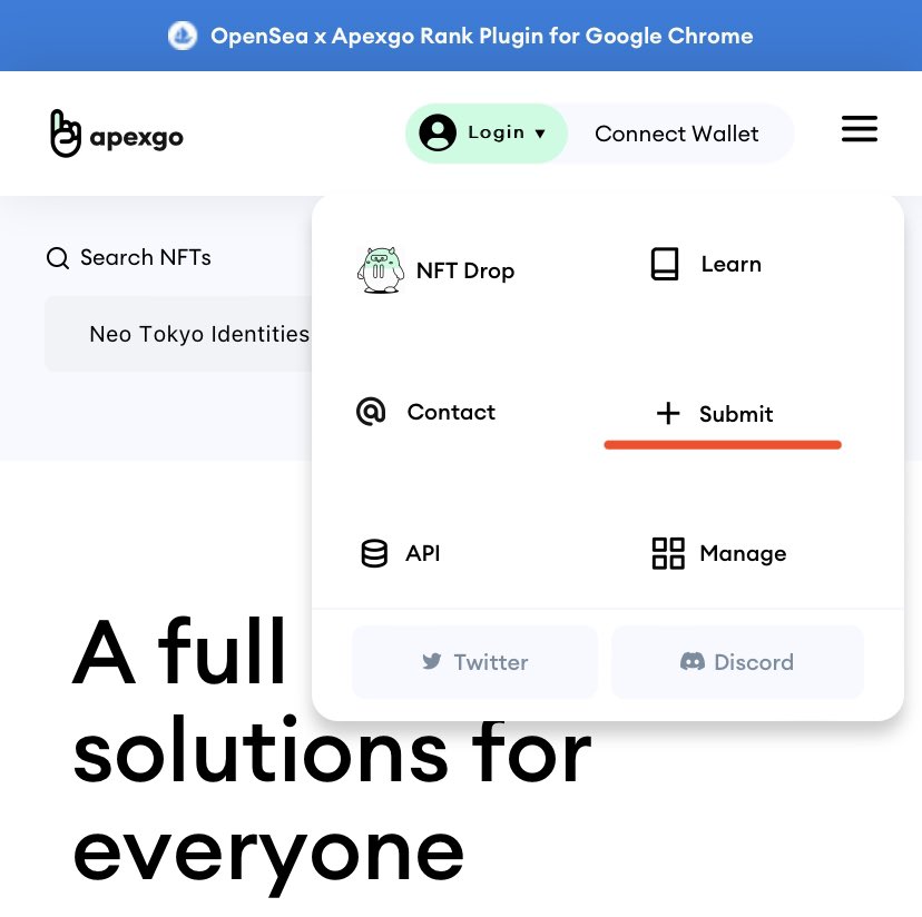 Submit your #NFT collection with ease on Apexgo.io for no cost and gain access to numerous features for your developers and community.

• NFT Rarity
• Manage NFTs in a single wallet
• Utilize our API to build out your apps

⭐️ Tag your favorite NFT collection ⭐️