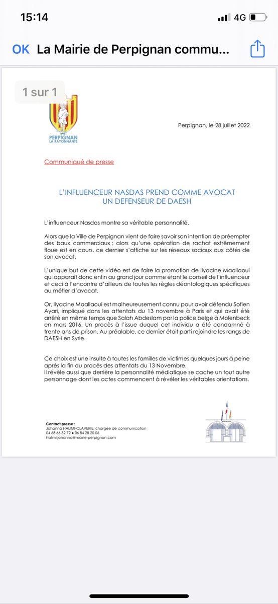 IMaallaoui's tweet photo. Ma première réponse au Maire de Perpignan Louis Aliot me qualifiant de « Défenseur de DAESH » suite à mon rôle d’avocat de la Defense lors du procès du 13 novembre 2015. @NASDASOFFICiEL https://t.co/CVdMibMScY