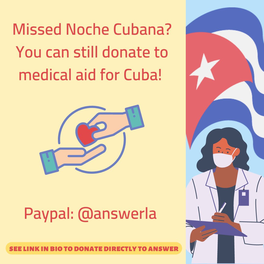 AnswerLA's tweet photo. Missed Noche Cubana? You can still donate to the cause of medical aid for Cuba via PayPal or directly at https://t.co/9WOdkilTx4

On PayPal only enter “Donation” in the description or leave it blank, thank you! 🙏

#cubasibloqueono https://t.co/YXORl6WsyT
