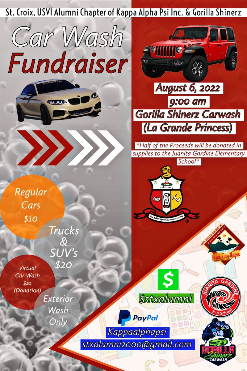The St. Croix U S. Virgin Islands Alumni Chapter of Kappa Alpha Psi Fraternity Inc. ♦️ partnered with the Gorilla Shinerz Car Wash🦍 🧼 (La Grande Princess) Back-to-School Car Wash Fundraiser to provide school supplies to the Students of the Juanita Gardine Elementary School!📚