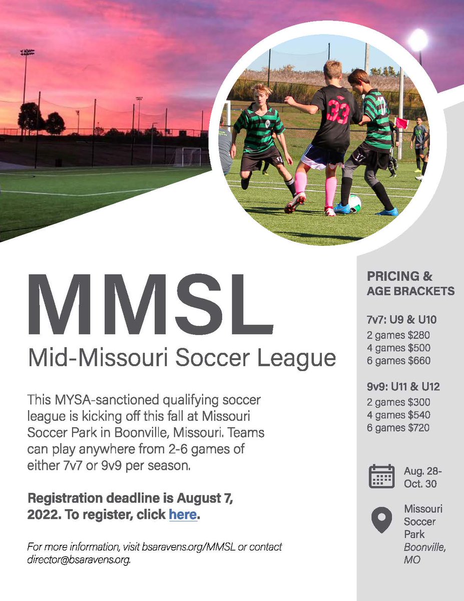 Play close to home in the MMSL! Register teams at bsaravens.org/mmsl/ #soccerleague #7v7 #9v9 #MYSA #MidMO #Boonville