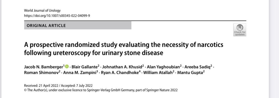 Jake Bamberger (@bambergerjake) on Twitter photo 3+ years in the making, it feels good to see this one finally published! Our RCT showed no difference in postop pain between patients who received acetaminophen-oxycodone vs ibuprofen following URSLL for stone disease. <a href="/MantuGuptaMD/">Mantu Gupta, M.D.</a> <a href="/JohnathanKhusid/">Johnathan A. Khusid, MD</a> <a href="/William_Atallah/">William Atallah MD, MPH</a> 3+ years in the making, it feels good to see this one finally published! Our RCT showed no difference in postop pain between patients who received acetaminophen-oxycodone vs ibuprofen following URSLL for stone disease. <a href="/MantuGuptaMD/">Mantu Gupta, M.D.</a> <a href="/JohnathanKhusid/">Johnathan A. Khusid, MD</a> <a href="/William_Atallah/">William Atallah MD, MPH</a>
