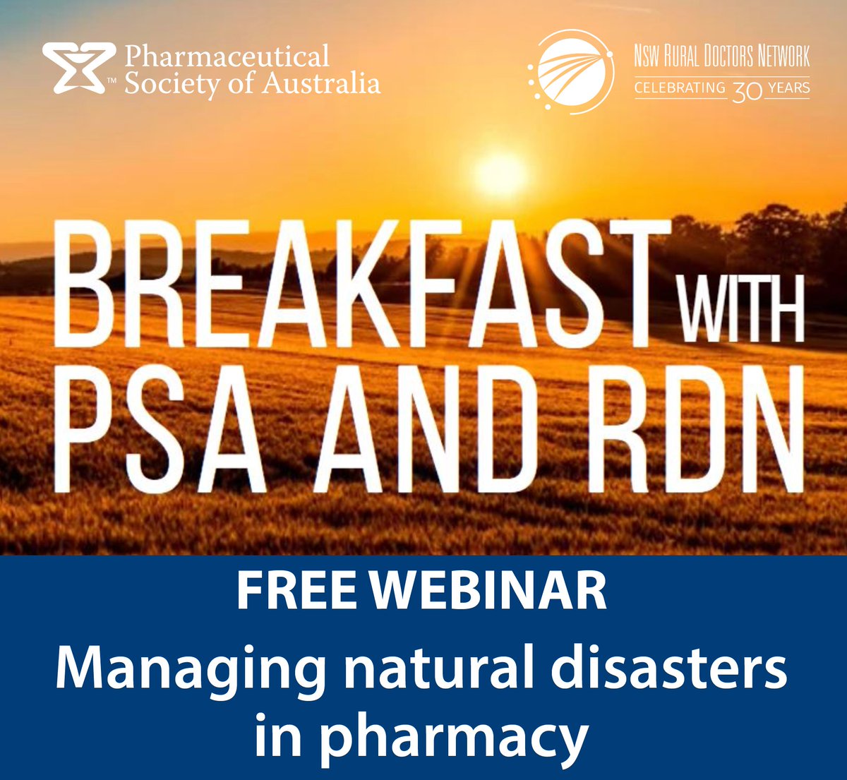Attend the managing national disaster in Pharmacy free webinar 

When – 10th Aug, 7.45am to 8:45am AEST

In this webinar pharmacists who have been in the thick of recent disasters will share their experiences and reflect on lessons learned.

Read more &gt; ow.ly/yewS50K96Y0