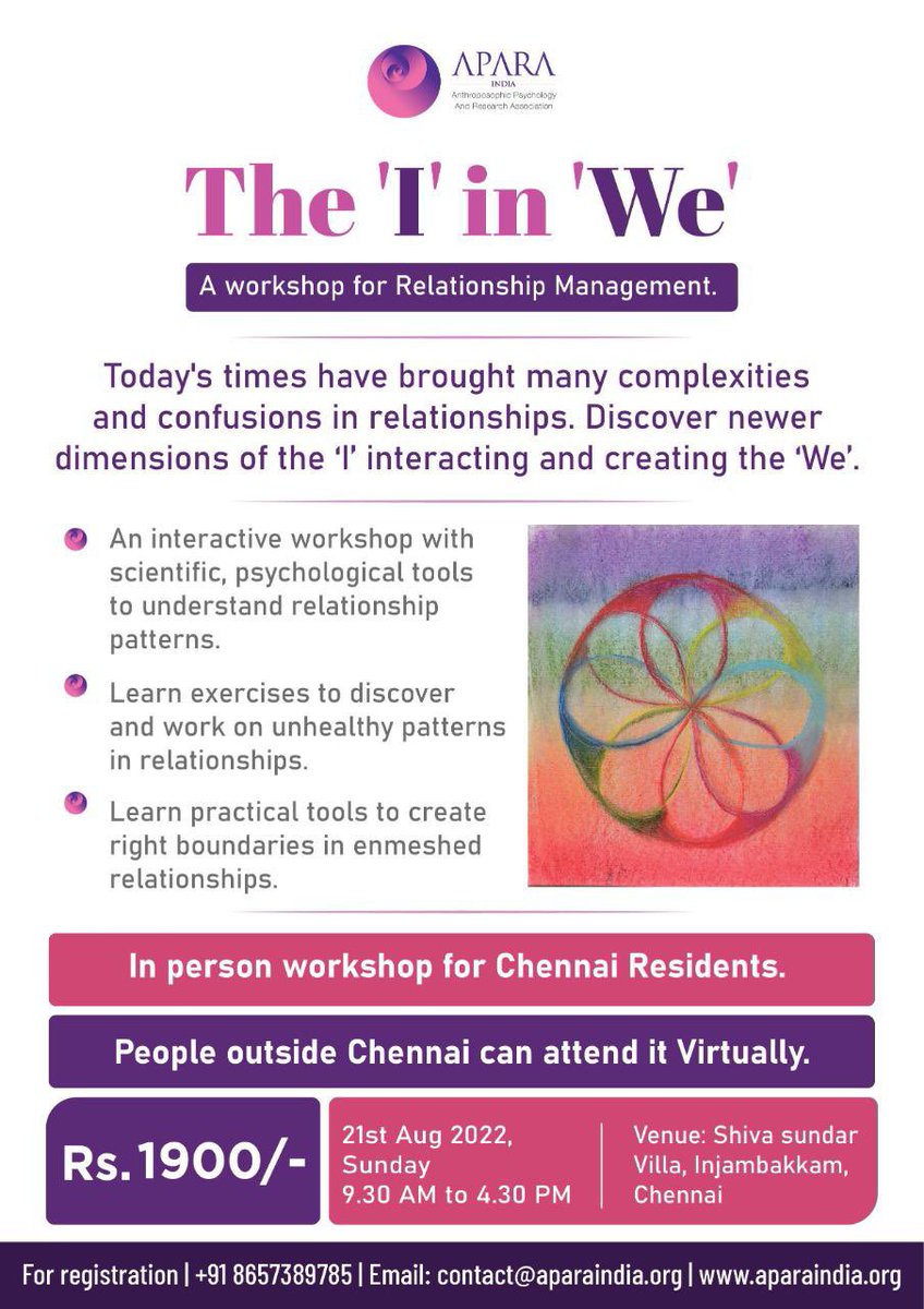 Relationships of all kinds are complex in today's times. Rediscover the joy in relationships with our 'The I in We’ workshop. Register yourself by connecting to us at 86573 89785 or email us at contact@aparaindia.org. For more details visit us at - aparaindia.org