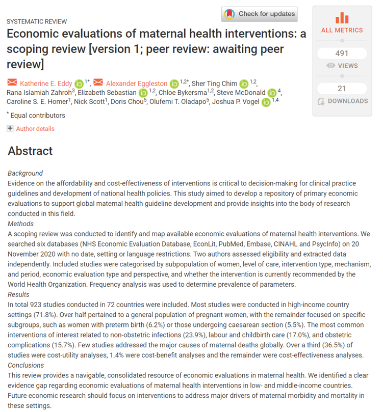 First (+ largest, 923 studies!) scoping reviews I've done🤩. Led by <a href="/katherineeeddy/">Katherine Elise Eddy</a> to map available economic evaluations of maternal health interventions. We found most studies were from HICs and few addressed major causes of maternal deaths globally🤯😢➡️bit.ly/3bjzsIV