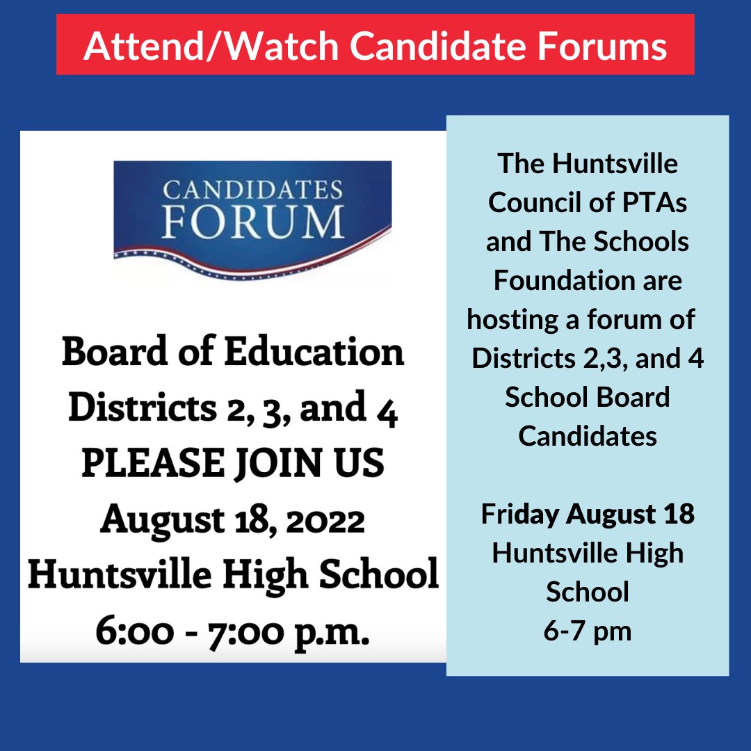 The Huntsville Municipal Election is in 3 weeks!

Here are resources to get to know your candidates:

<a href="/whnt/">News 19</a> questionnaire whnt.com/news/politics/…

<a href="/uwoc_al/">United Women of Color</a> City Council Candidate Forum 
fb.me/e/1TqHZuCRV

Huntsville Council of PTAs School Board Forum
huntsvillepta.org