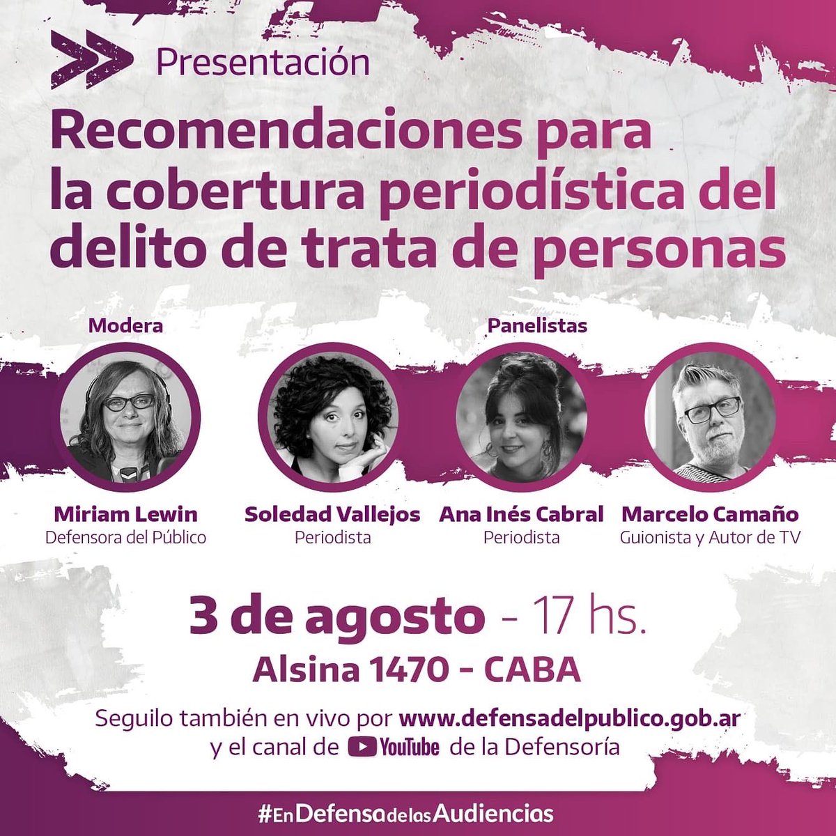 En el marco del Día Mundial Contra la Trata de Personas  expongo Hilo de voz y acompaño la presentación de recomendaciones para la cobertura periodística del delito de trata de personas que elaboró la <a href="/DefdelPublico/">Defensoría del Público</a> 
Con @solevallejos @anicabral21 @marcelocamano @miriamlewindefe