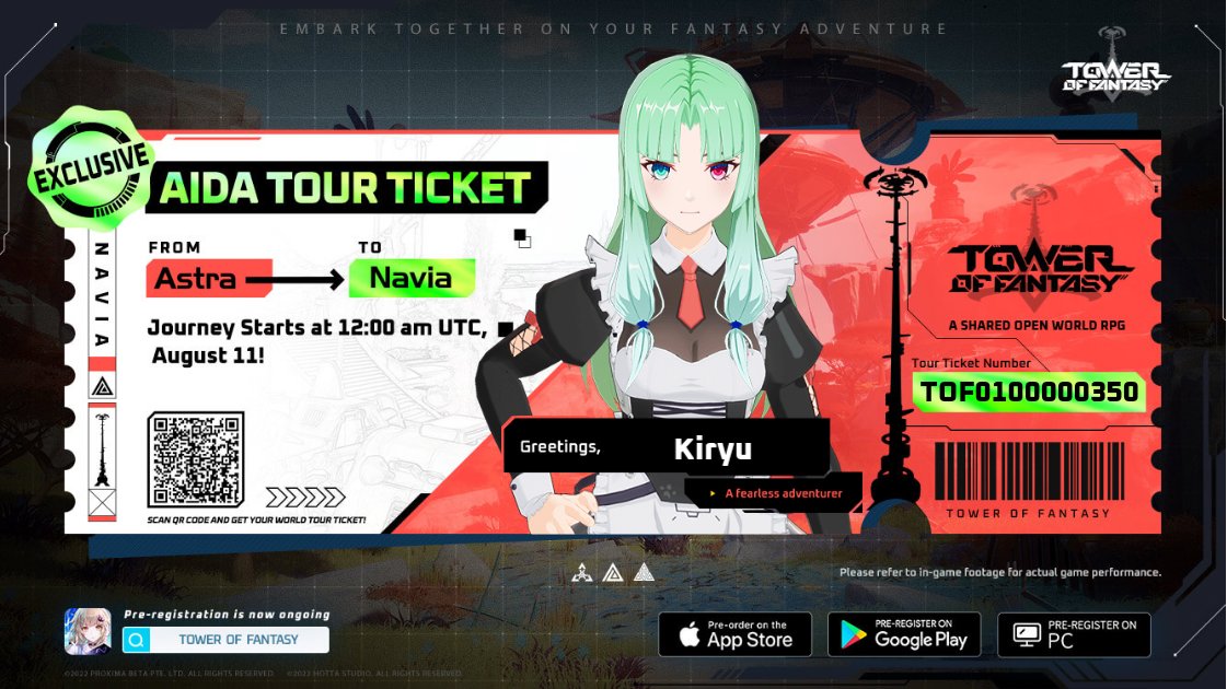 kiryucat's tweet photo. I got my Aida Tour Ticket for a fantasy journey! Just created my anime self and decide on my first destination on Planet Aida! 
https://t.co/Ml76G91lz5
Together to the fantasy world on August 11!
#ToF #TowerofFantasy #AidaTourTicket https://t.co/V99hnzJH5h