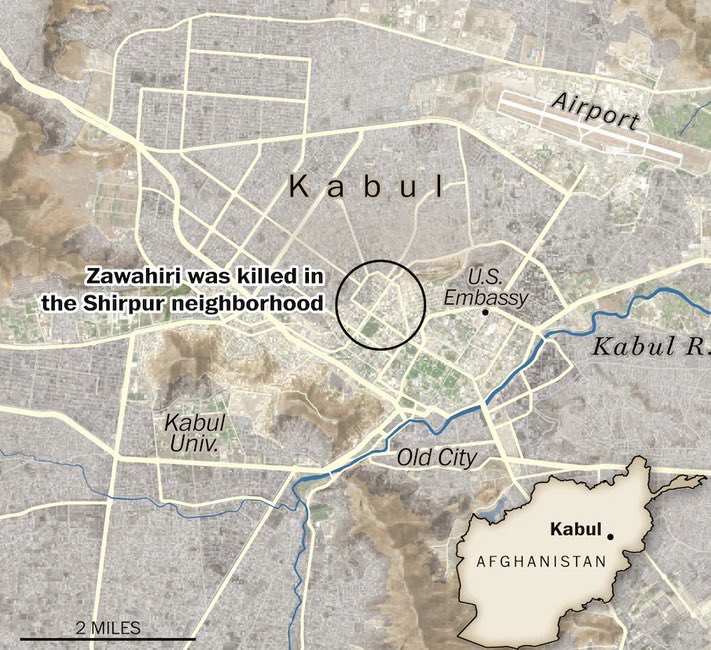 Washington Post map of where Ayman al #Zawahiri was killed in #Kabul, #Afghanistan