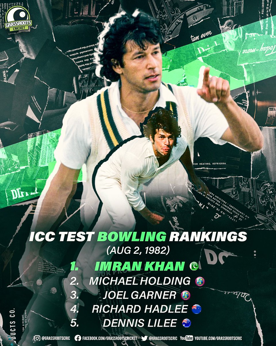 grassrootscric's tweet photo. The ICC Test Bowling Rankings | 40 years ago

#OnThisDay in 1982, Imran Khan became the Number 1-ranked Test bowler for the first time 🔥

He remained in the top 10 for the next 10 years until his retirement in 1992 🤯 https://t.co/315QqsMdIb