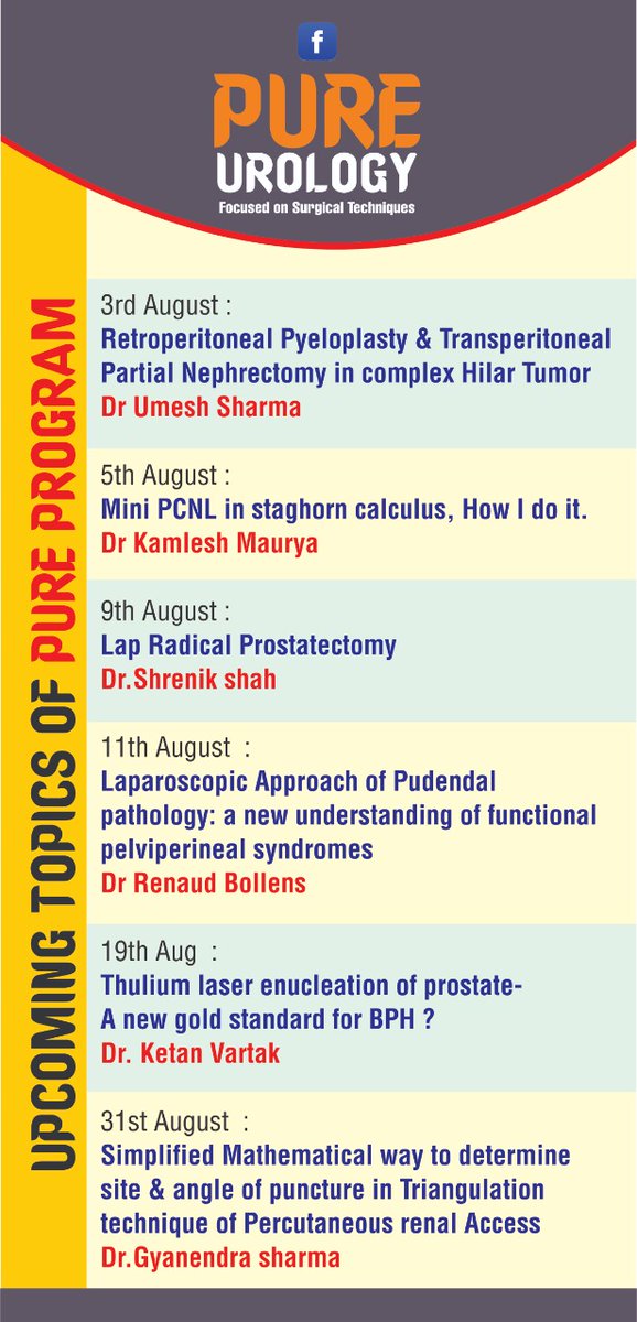 DrVCMohan's tweet photo. Upcoming PURE talks in the month of August
@MchUrology @drshreniks Dr kamleshkumarmaurya Dr Renaud Bollens Dr Ketan varthak Dr Gyanendra Sharma
@preetihospital #pureurology #August #urology #pcnl #Thulimlaser #enucleation #prostate #pelviperinealsyndrome #staghorncalculus https://t.co/H5FRlujwkG