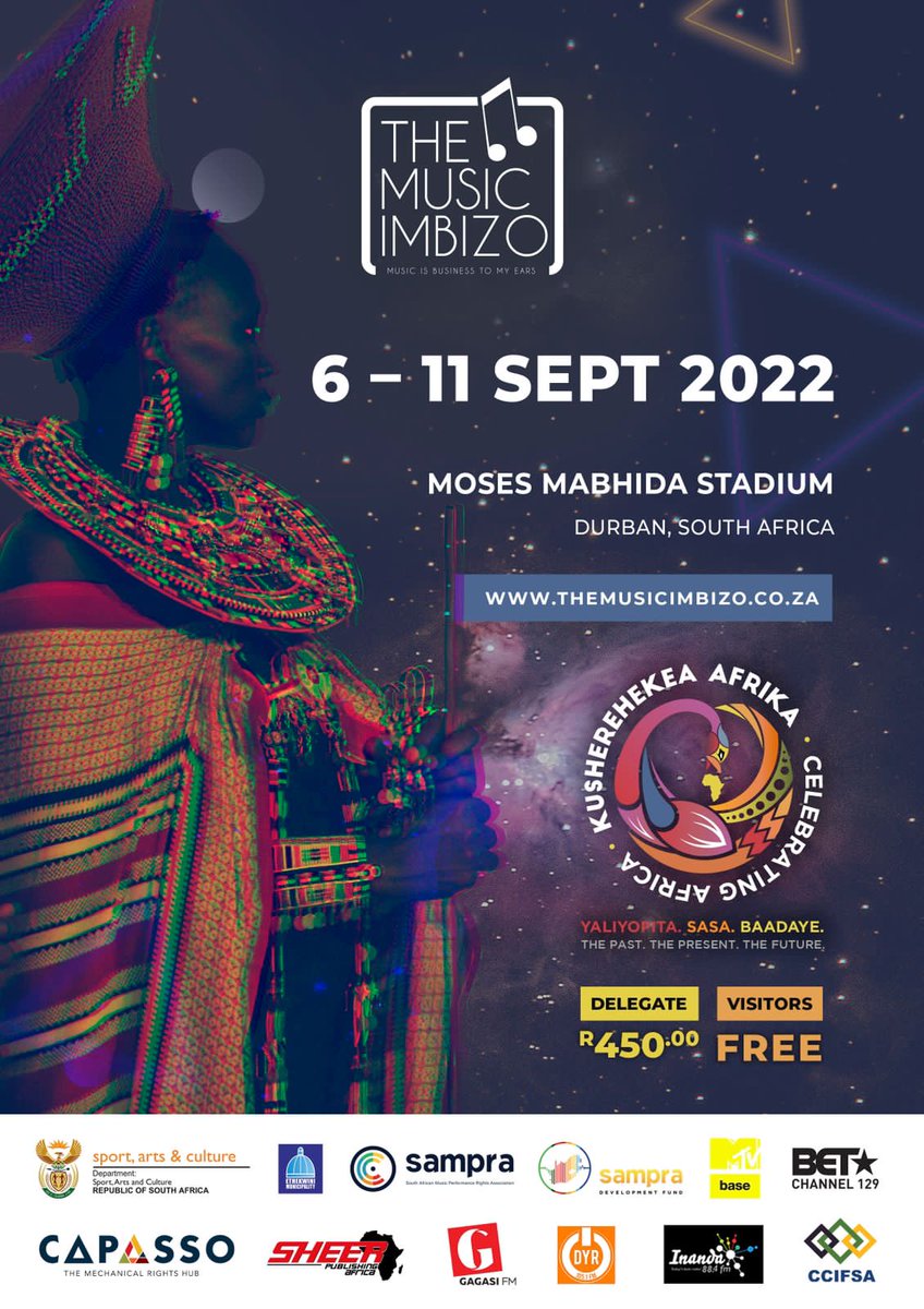 TLetlabola's tweet photo. IT IS TIME!!
#TheMusicImbizo 
#CelebratingAfrica 
@CapassoHub @DepartmentofSportArts&amp;Culture
@OfficialSAMPRA @OfficialSAMPRA
@BET
@gagasifm 
@DYR1051
@MTVBaseAfrica
@SheerPublishing https://t.co/gUH4eWEM8G