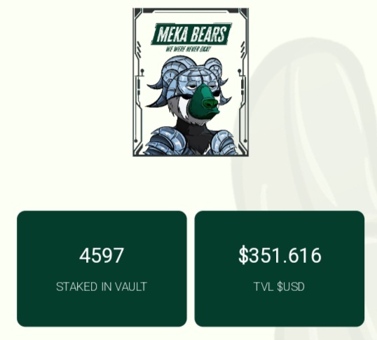 <a href="/meka_bears/">M E K A L A B S -</a> is on their way to 5000 staked. Absolutly historical! 

Under 170 listings!