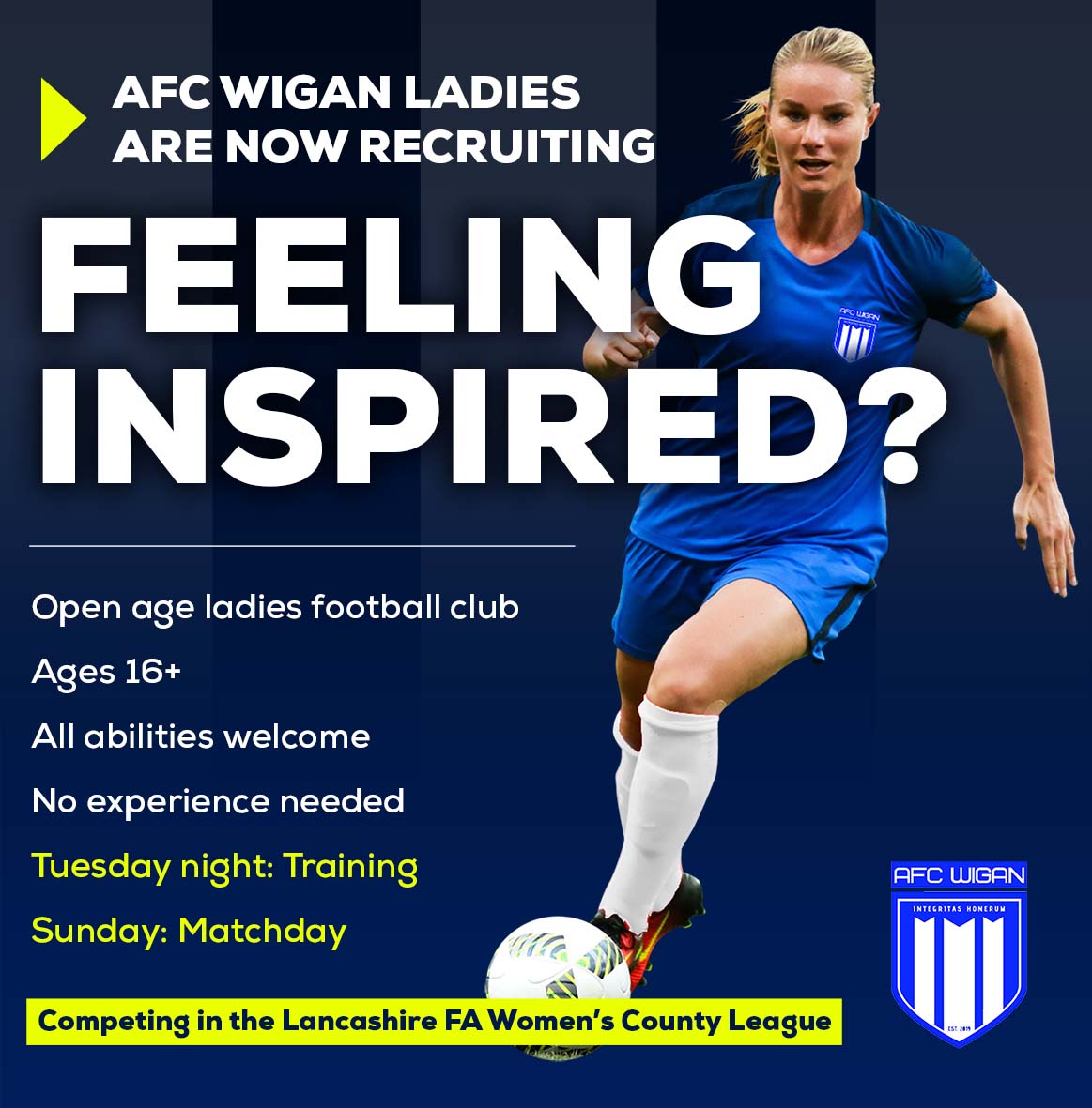 Feeling inspired by the #Lionesses ? AFC Wigan Ladies are recruiting! All abilities welcome, ages 16+ 

Come and be part of a growing team that's ready to take on the Lancs FA Women's County League!

DM for more info!

#WomensFootball #womensteam #womenseuros2022 #wigan