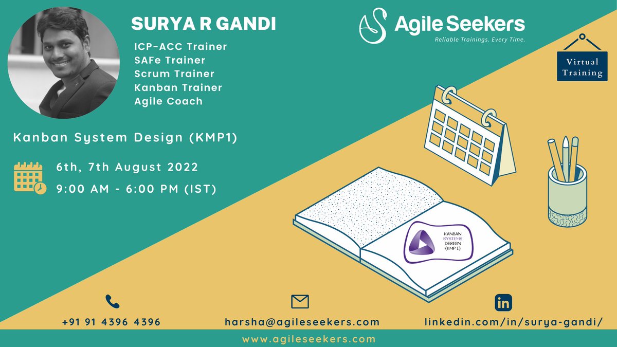 AgileSeekers's tweet photo. Virtual Kanban System Design (KMP1) Training
Details:
Dates: Aug 6 & 7, 2022
Time: 9:00AM - 6:00PM IST
Trainer: Surya R Gandi
Contact: +91 9143964396
Email: harsha@agileseekers.com
#agile #kanban #kmp1 #kanbansystemdesign #flow #lku #statik #kanbanmethod #agileseekers https://t.co/GiO9ZTOH1A