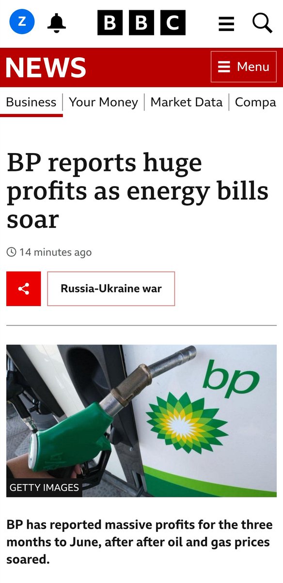BrutalEcho's tweet photo. Are we sure #CostOfLivingCrisis is caused by Russia-Ukraine war?

Then explain this 👇

BBC News - BP reports highest profit in 14 years.

Shell posts £10 billion quarterly profits.

British gas owner Centrica profits increase five-fold.

#r4today #FuelPrices #EnergyCrisis https://t.co/ueZBnU0wg2