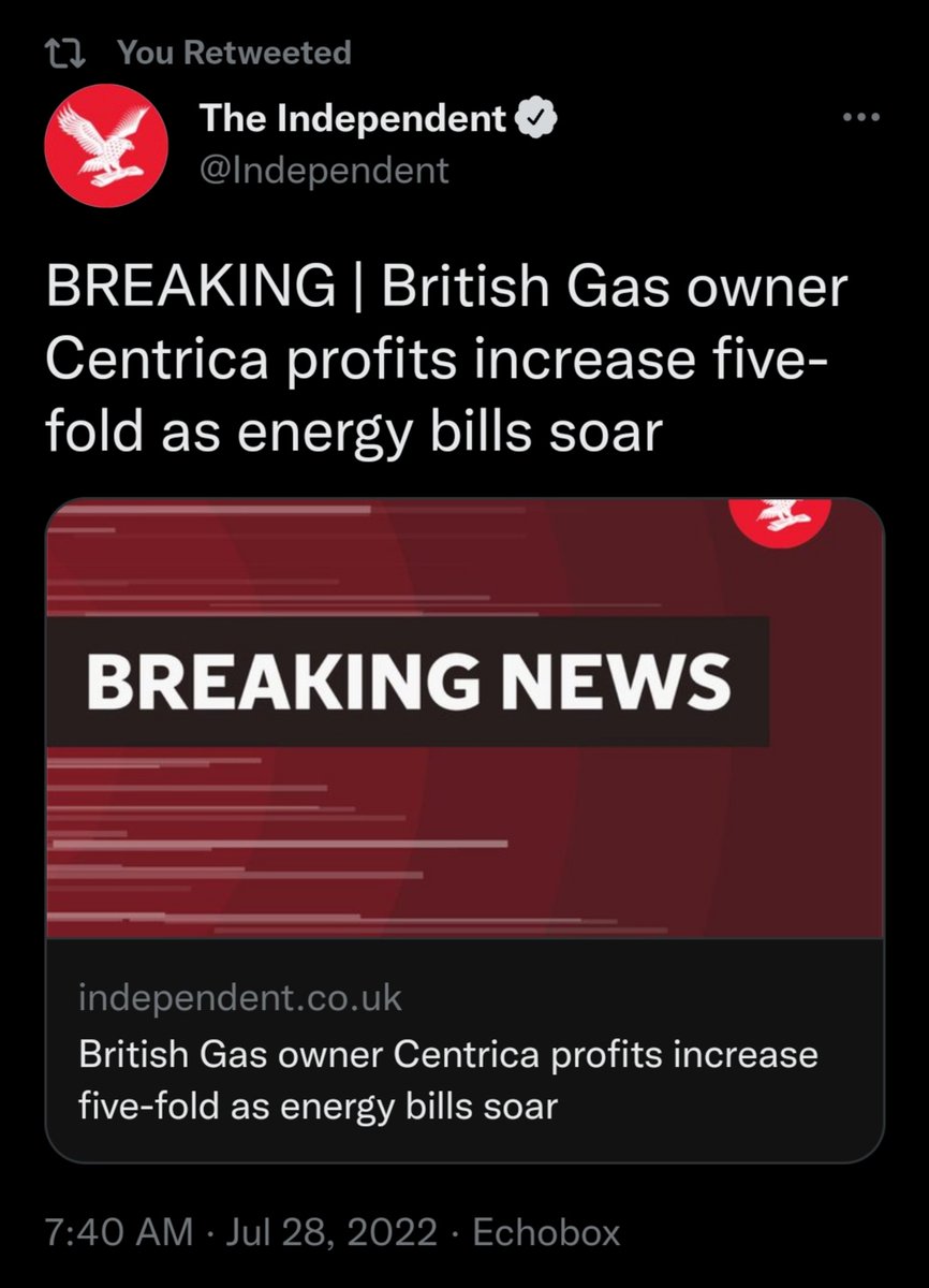 Are we sure #CostOfLivingCrisis is caused by Russia-Ukraine war?

Then explain this 👇

BBC News - BP reports highest profit in 14 years.

Shell posts £10 billion quarterly profits.

British gas owner Centrica profits increase five-fold.

#r4today #FuelPrices #EnergyCrisis