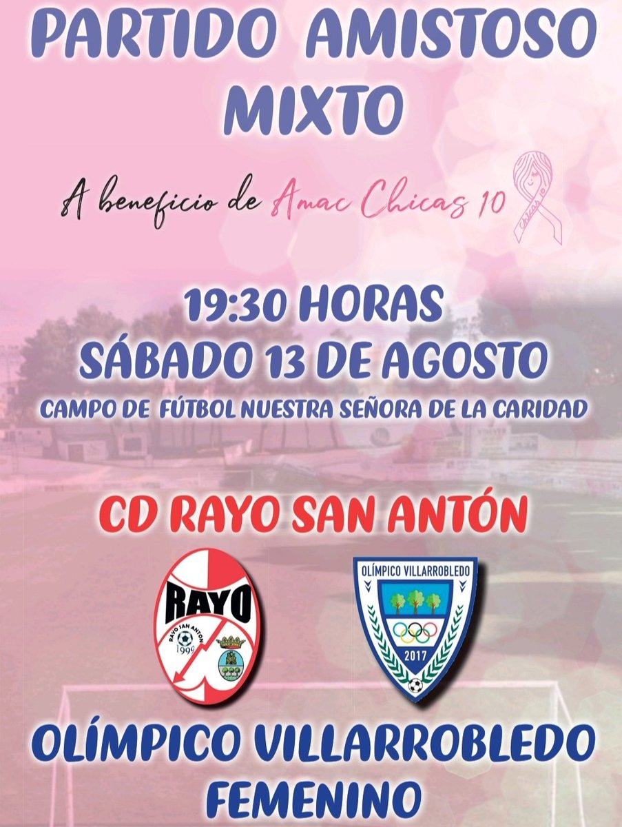 Volvemos !!! Por una buena causa, día 13 de agosto en el campo municipal de la virgen a las 19:30 horas, partido mixto frente a Olímpico Villarrobledo femenino a beneficio de AMAC chicas 10, entrada gratuita y se venderán rifas para sortear numerosos premios.
Os esperamos!!!