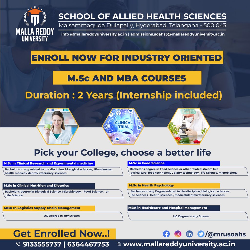 Malla Reddy University- School of Allied health sciences introduces #industry oriented #postgraduate programs in the most #innovative and #indemand sectors.
#EnrollNow and take a step towards a #brightfuture
#AlliedHealthSciences #ClinicalResearch #ClinicalNutritionAndDietetics