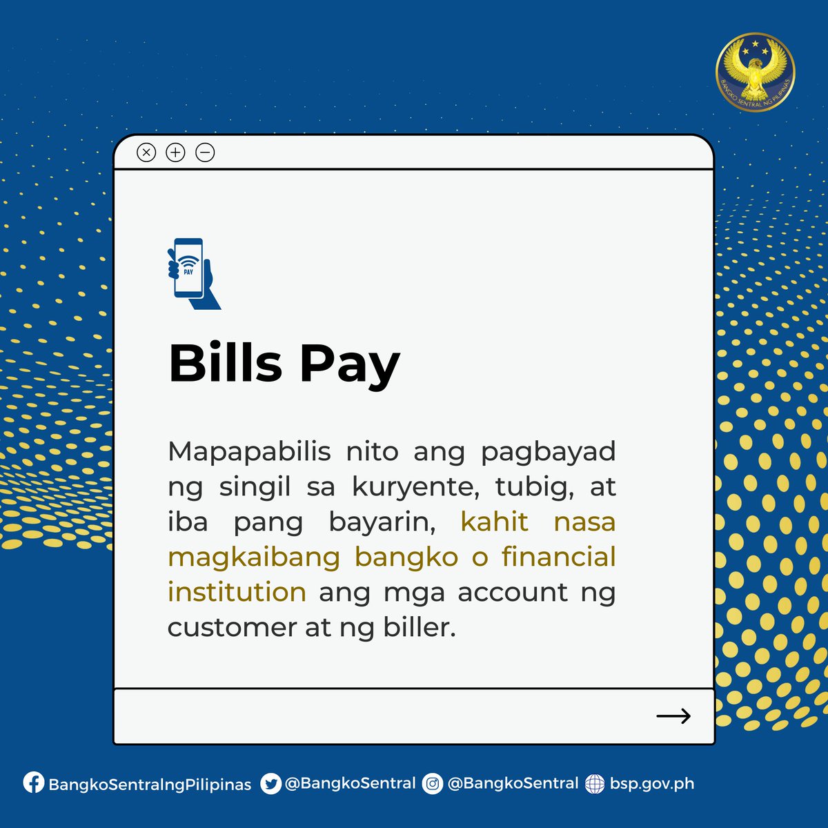 BangkoSentral's tweet image. ILULUNSAD ng #BSP at Philippine Payments Management, Inc. ang sumusunod na tatlong e-payment streams. Ito ay bahagi ng pagsisikap ng BSP na palawakin ang paggamit ng digital payments sa susunod na dalawang taon. bit.ly/BSPPR40
#LetsGetDigitALL