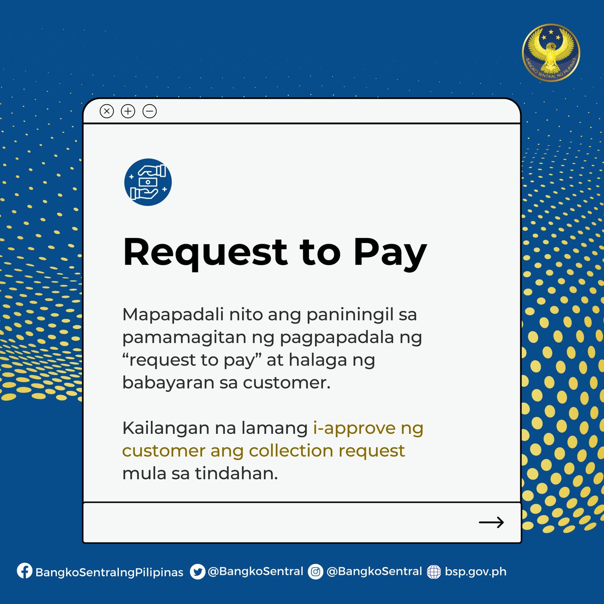 BangkoSentral's tweet image. ILULUNSAD ng #BSP at Philippine Payments Management, Inc. ang sumusunod na tatlong e-payment streams. Ito ay bahagi ng pagsisikap ng BSP na palawakin ang paggamit ng digital payments sa susunod na dalawang taon. bit.ly/BSPPR40
#LetsGetDigitALL