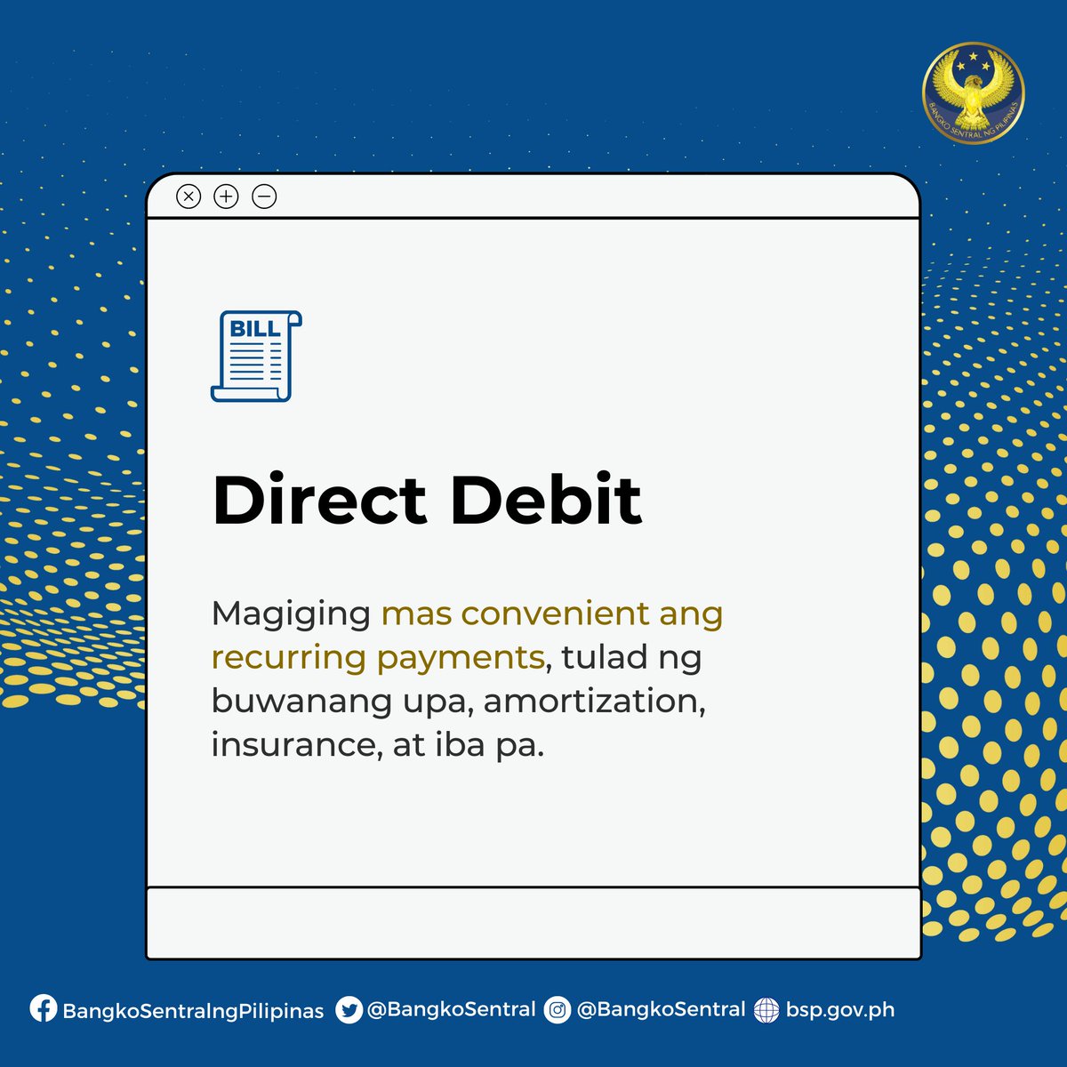 BangkoSentral's tweet image. ILULUNSAD ng #BSP at Philippine Payments Management, Inc. ang sumusunod na tatlong e-payment streams. Ito ay bahagi ng pagsisikap ng BSP na palawakin ang paggamit ng digital payments sa susunod na dalawang taon. bit.ly/BSPPR40
#LetsGetDigitALL