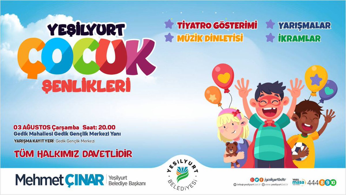 yeksamyesilyurt's tweet photo. Yeşilyurt'un çocukları hep mutlu olsun! 

Kültür sanat etkinliklerimiz kapsamında Gedik Gençlik Merkezimizde yapacağımız şenliğimize 7'den 70'e herkesi davet ediyoruz.
🤗😊🎶🎤🎬☺️🤗

#ŞenliğeBuyrun
#MutluŞehrinMutluÇocukları
#Yeşilyurt
#Malatya https://t.co/plhm9jHCUN