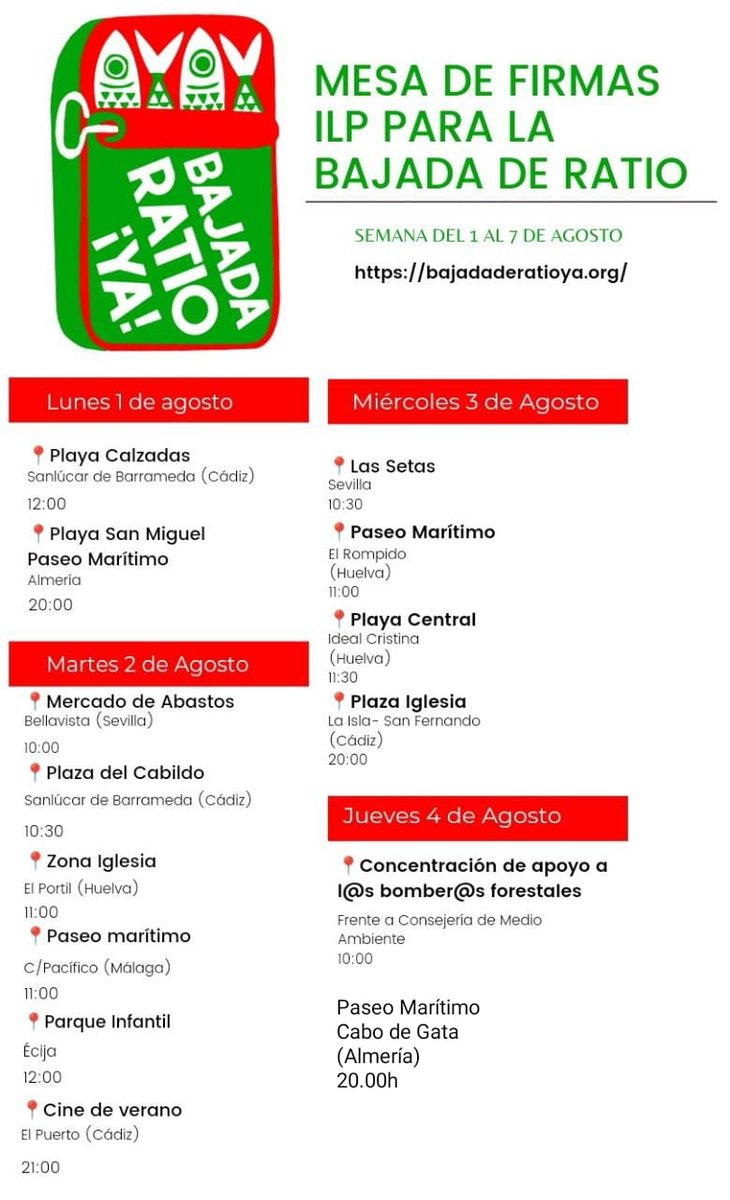 ⚠️Próximas mesas de recogida de firmas de la #ILPBajadaDeRatioYaXLey

📌 Sanlúcar Bda.
📌 El Portil
📌 Málaga
📌 Sevilla
📌 El Rompido
📌 Isla Cristina
📌 Écija
📌 Cabo de Gata
📌 El Puerto
📌 Córdoba

Si no puedes acercarte a ninguna, firma aquí: firma.bajadaderatioya.org
