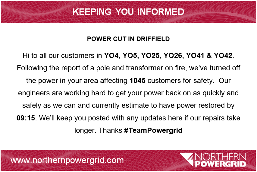 Northpowergrid's tweet photo. #Powercut #YO4 #YO5 #YO25 #YO26 #YO41 & #YO42 #TeamPowergrid https://t.co/6KxgVSG1o7