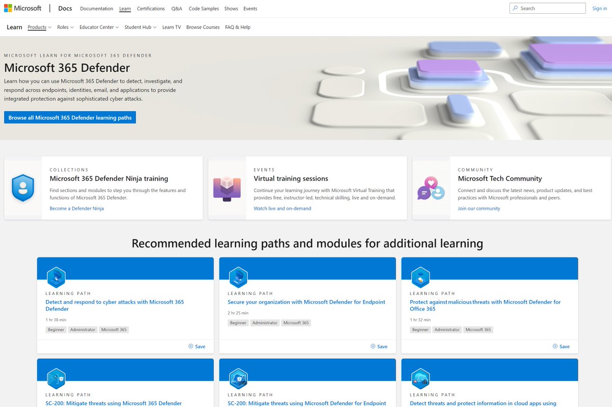 RavivTamir's tweet image. Have you checked out all the new learning resources for the entire Microsoft 365 Defender suite of product in our new learning portal?  docs.microsoft.com/en-us/learn/m3…