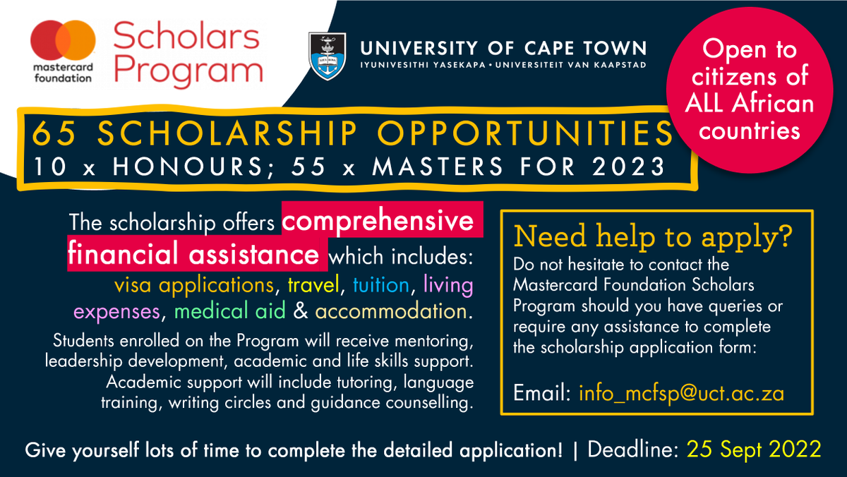 UCTpostgrads's tweet photo. Comprehensive financial assistance from the @MastercardFdn Scholars Program @UCT_news! There are 65 scholarship opportunities available for 2023 (10 x honours &amp; 55 x master's scholarships). More info: https://t.co/P2gtVZpSif | @MCFSP_UCT @FabAcademic https://t.co/6Vi6tdcSBs
