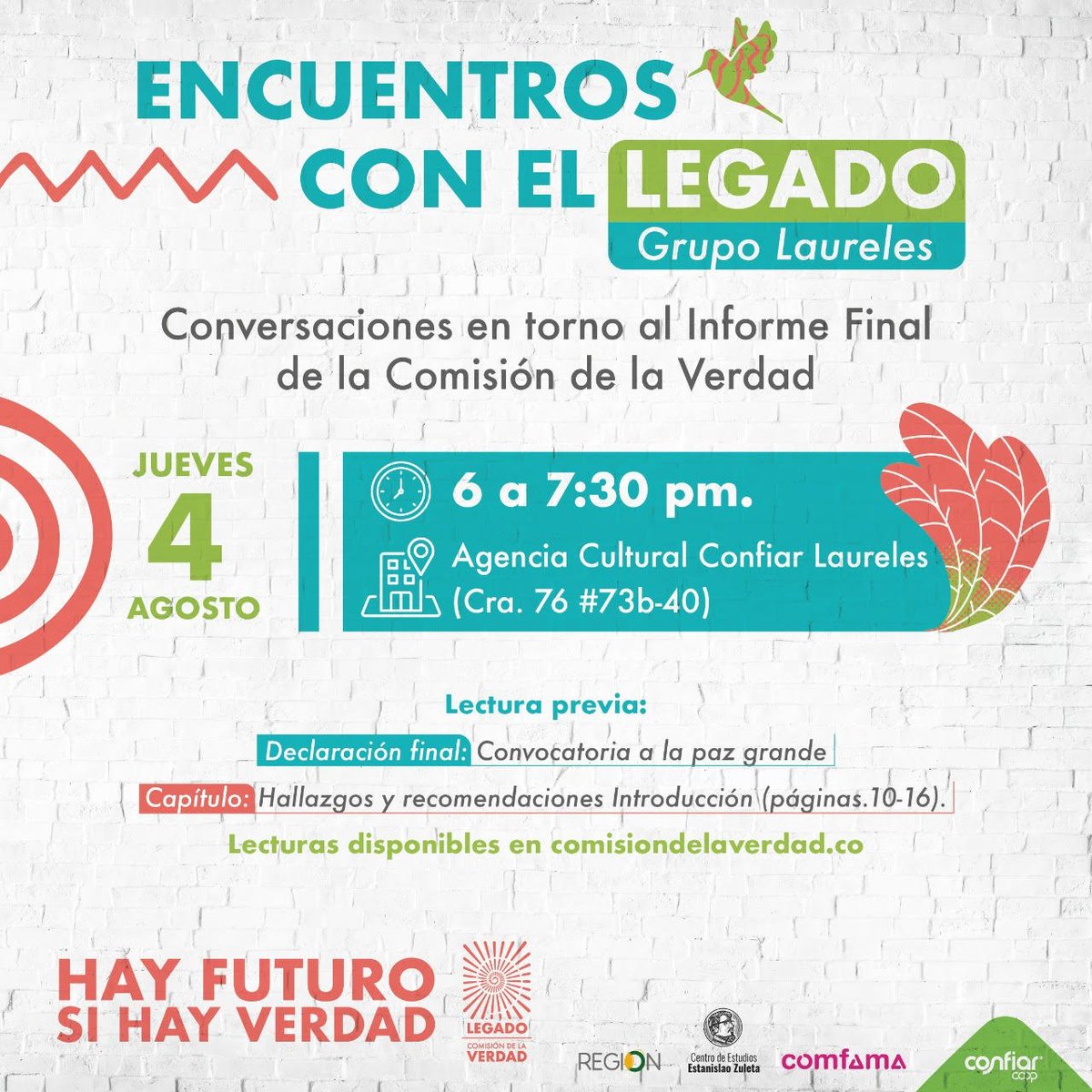 MujeresConfiar's tweet photo. ¡Buenos días! Este jueves continuamos con los encuentros con el Legado y nos vemos en Laureles para hablar de la Convocatoria a la paz grande y la introducción del capítulo de Hallazgos y recomendaciones. ¿Ya lo leyeron? https://t.co/jseXn53aNn