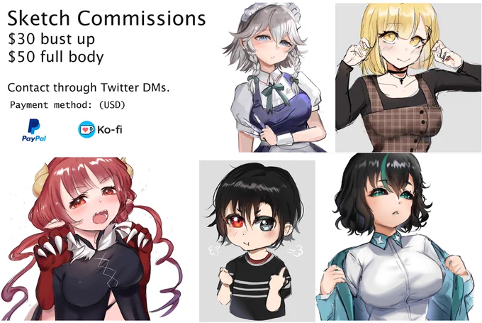 ✨Sketch commissions✨
I'm low on money so I'm doing very quick sketch commissions for $30 bust up, $50 full body.

Slots: I'll take as many as possible.
Time: Expect me to be done within 1 or 2 days, more if I take many slots. 