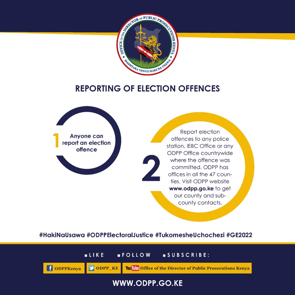 As we go to the polls next week, let's remember some of the offences that may be committed during voting and where to report any election-related offence. #HakiNaUsawa #ODPPElectoralJustice #TukomesheUchochezi #GE2022