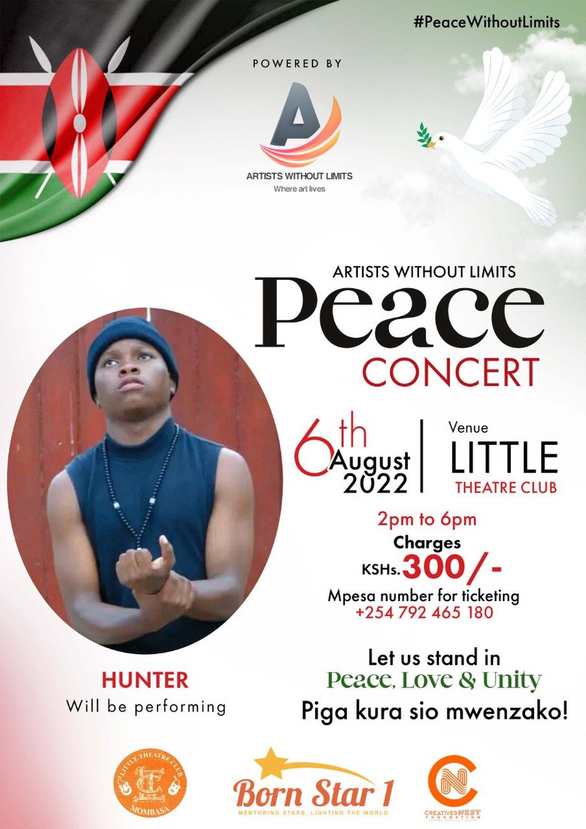 AWL_CBO's tweet photo. Peace Concert at Little Theater Club - Mombasa.

One language of Peace, one tribe of Peace.

#artistswothoutlimits #peacewithoutlimits #pigakurausipigemwenzako https://t.co/4WF4BrUei5
