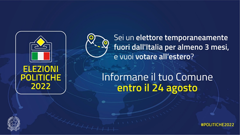 ItalyinParis's tweet photo. #Politiche2022 🗳️
Sei un elettore temporaneamente fuori dall'Italia, per almeno 3 mesi, e vuoi votare all’estero?
Informa il tuo Comune ENTRO il 24 agosto.
👇
https://t.co/UTqwDZq0SV https://t.co/yJ5NErb2Dc