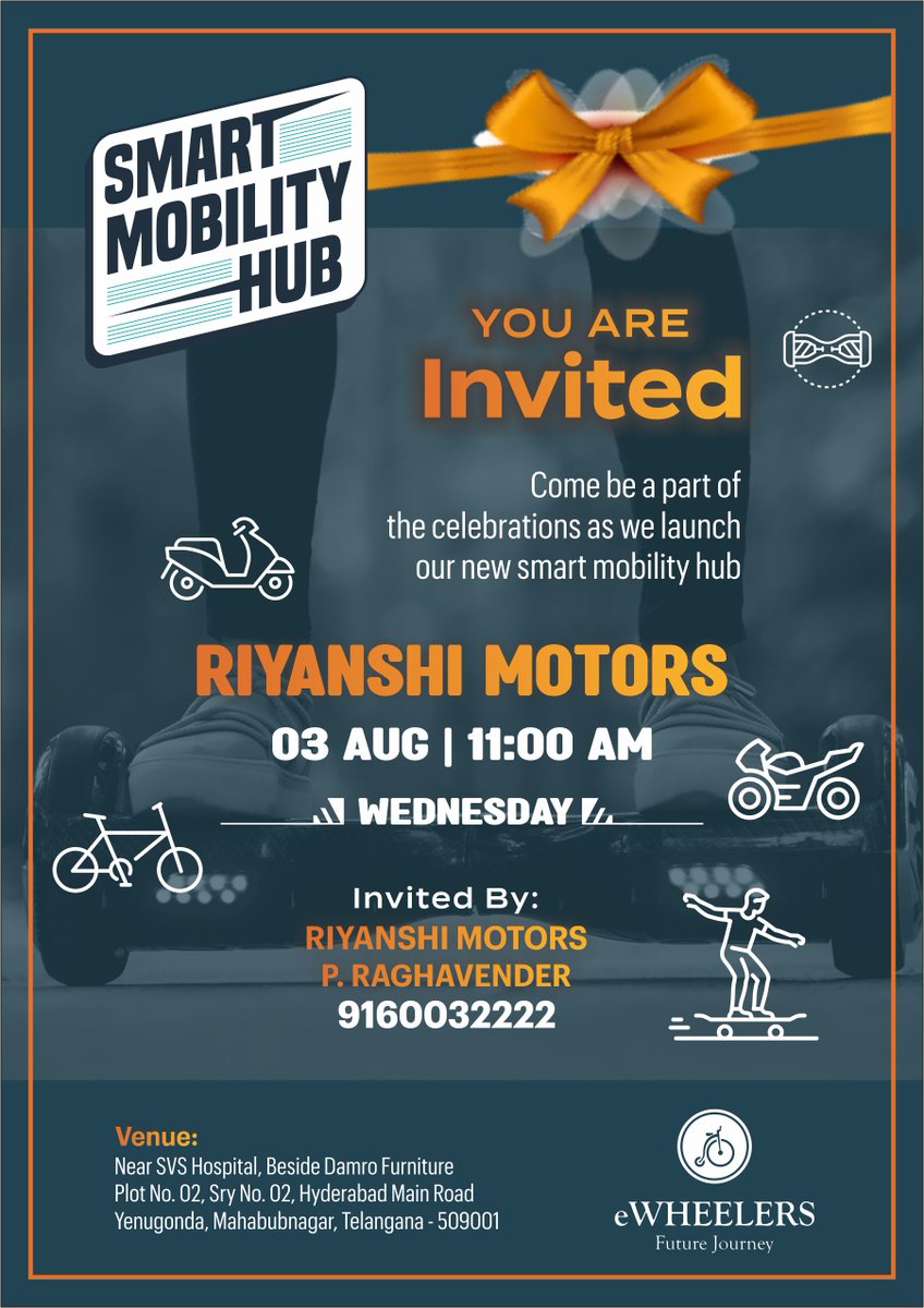 eWheelersIndia's tweet photo. We cordially invite you to the inauguration ceremony of our new #SmartMobilityHub tomorrow in #Mahabubnagar, Telangana!
A wide range of smart mobility vehicles like #Hoverboards, #eBicycles, #eScooters, #eScoots &amp; #eMotorcycles will be available here.
#ewheelers #ebikes #ev https://t.co/RJbQazqMyl