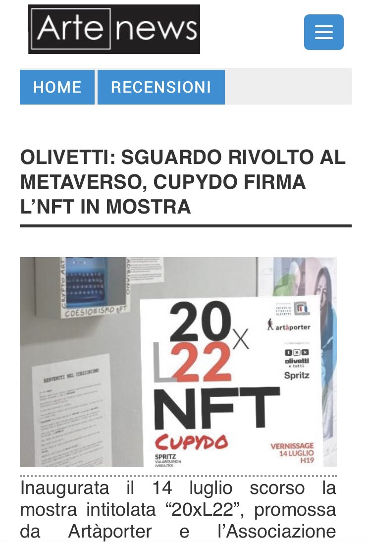 Oggi su ARTE NEWS 💣💥🔥
 <a href="/ArchOlivetti/">Archivio Storico Olivetti</a> <a href="/Artaporter_sbrl/">Artaporte</a> 
#NFT #NFTs #NFTCommunity 

arte-news.it/Recensioni/Esp…