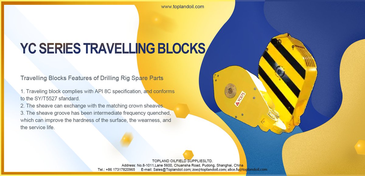 OilTopland's tweet image. #TravelingBlocks is mainly composed of sheave, sheave shaft, bearing, top cover, left and right side plates, rope retaining plates, etc. The sheave can exchange with the matching crown sheaves. Traveling block complies with #API8C specification. #drilling #oilfield #HoistingTools