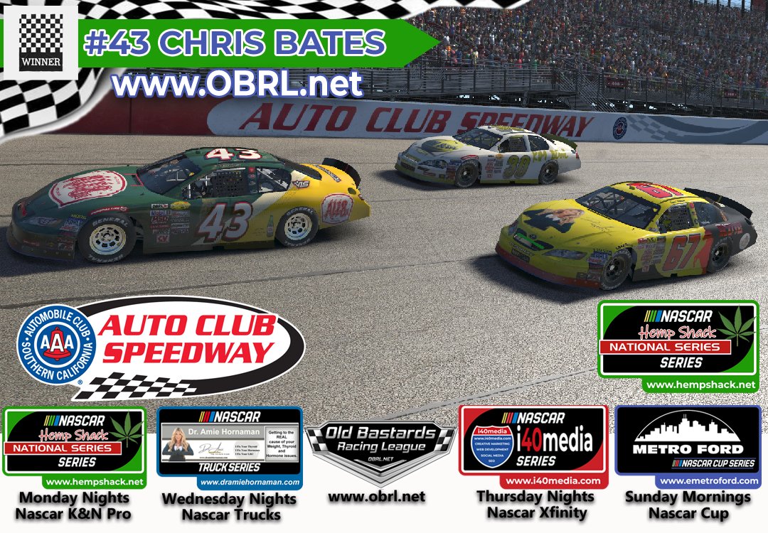 HempShack's tweet photo. Chris Bates  #43 @ales beer Wins The Old Bastards Racing League Hemp Shack NASCAR ARCA Series Race at Auto Club Speedway!

Steve Thomson #67 Dr. Amie Hornaman  Finished 2nd
Greg McDaniel #30 Kim Bowl Finished 3rd

Race Results by Sim Racer Hub

Apply at… https://t.co/KmBJK8zv92 https://t.co/MgyC5yZ2w5