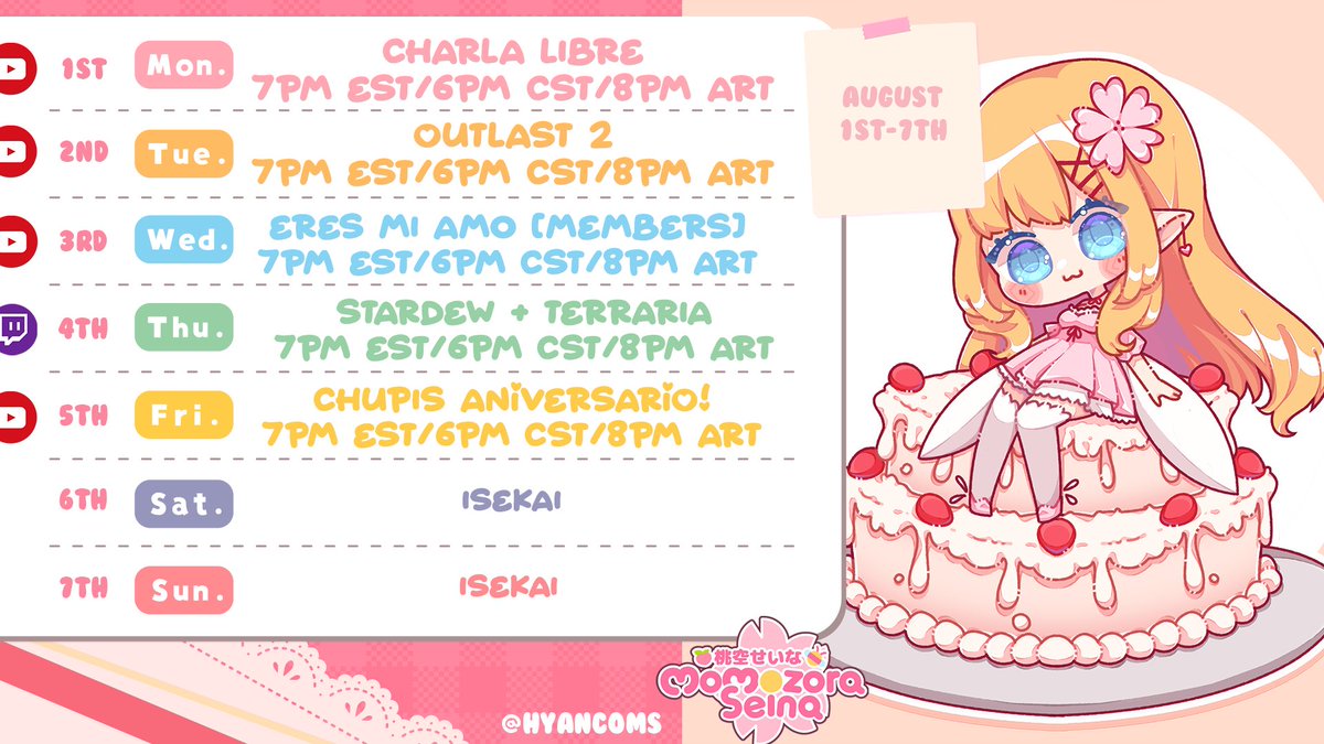 MomozoraSeina's tweet photo. ✧ ✪ Seina's Schedule! ✪ ✧
【August 1st-7th】
(u‿ฺu✿ฺ) 💗 ( •̀ .̫ •́ )✧
🌸 Fanart: #SeinART
🍑 Discord: https://t.co/y4PbVbkfdT
🐷 Twitch: https://t.co/sSoLBYnPjt
🧚♀️ YouTube: https://t.co/vTUUV86ORJ
✿ Art By: @//HyanComs https://t.co/aan7K2bYfc
