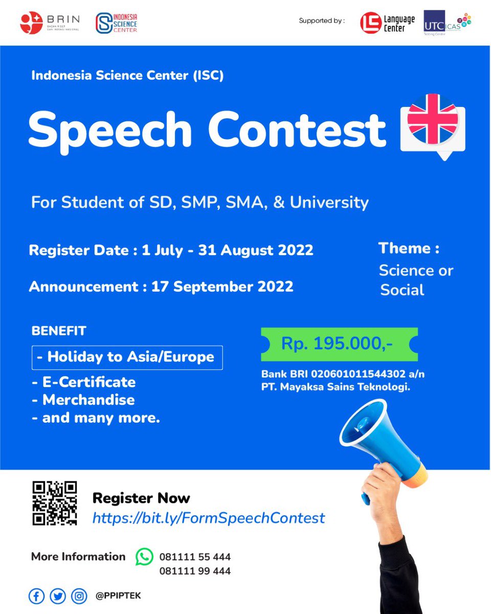 Kabar bahagia buat kalian kalian yang belum daftar Speech Contest ISC🥳. Yuk buruan daftar. Kalian bisa daftar di sini ya bit.ly/FormSpeechCont… 😊