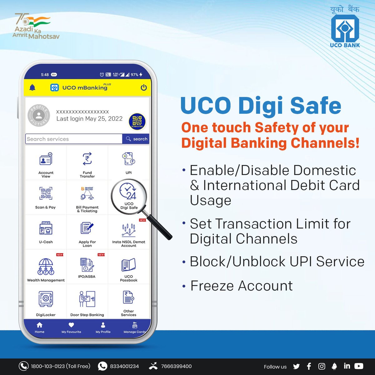 UCOBankOfficial's tweet photo. Ensure the safety of all your #digital #banking channels through UCO mBanking Plus app's #UCODigiSafe feature! Click https://t.co/zbVVHV98Hl
#OneTouchControl #UCOBank Honours Your Trust #Transactions #UCOmBankingPlus #DigitalSafety #Secure https://t.co/xnvWOtSz5m