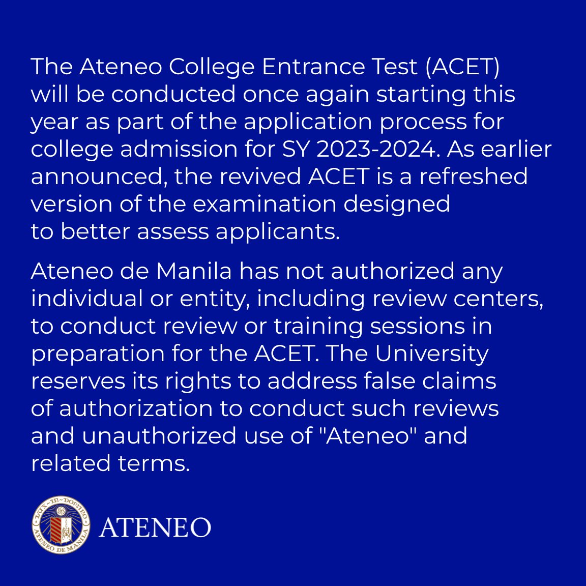 ateneodemanilau's tweet photo. Announcement regarding the Ateneo College Entrance Test (ACET).

https://t.co/g8pKJi4OdI https://t.co/aODeXjtBBZ