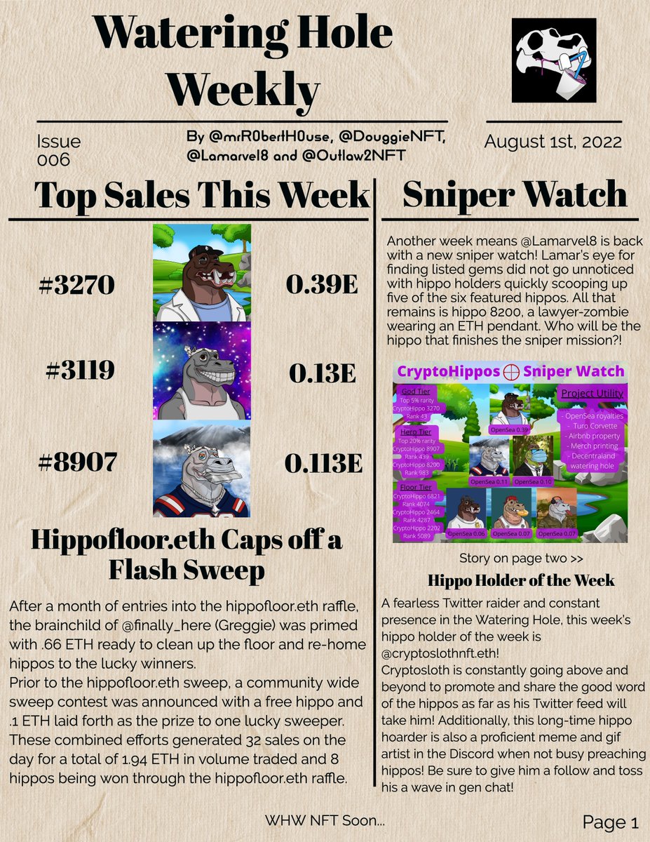 mrR0bertH0use's tweet photo. Watering Hole Weekly issue 006, hot off the presses!
@CryptoHipposNFT @HippoCommunity #HippoArmy #TheWateringHole #CryptoHipposNFT #NFTCommunity https://t.co/scNXQnSy1x