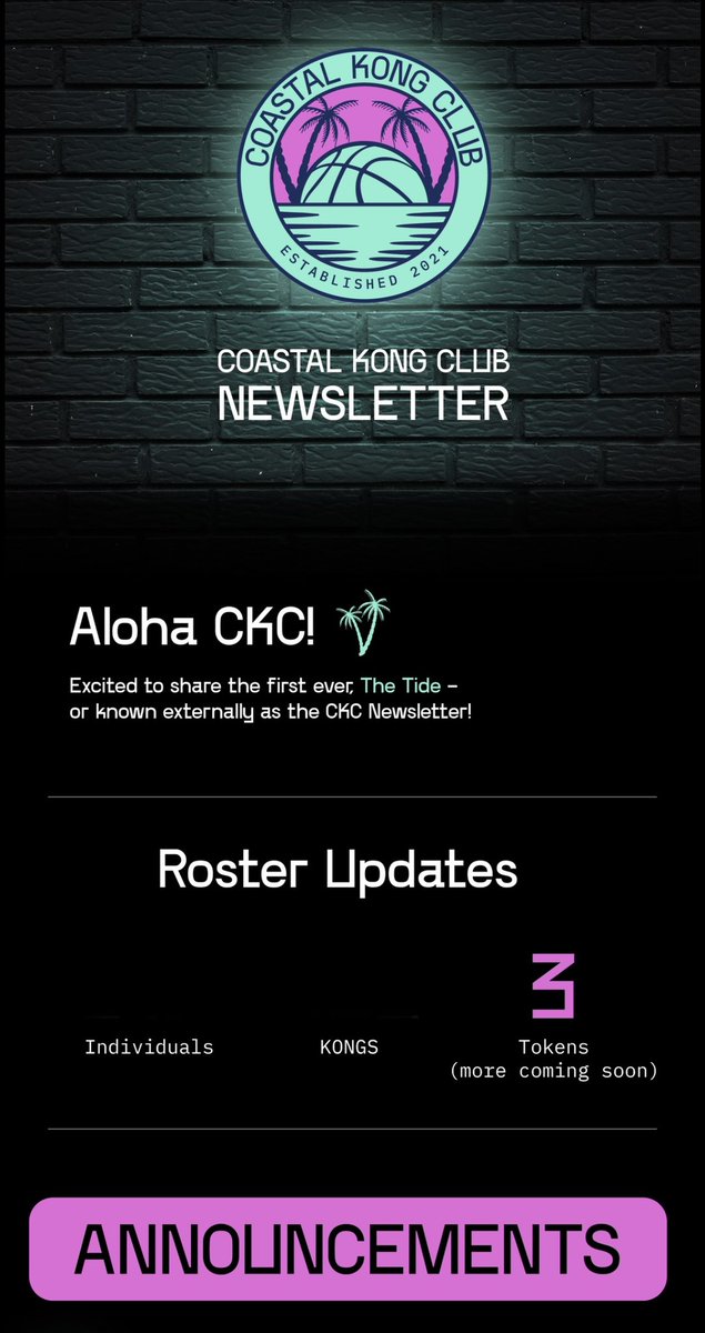 coastalkongclub's tweet photo. Excited for all of our Club Members to get a little more alpha today 👀

Introducing “The Tide” CKC’s Monthly Newsletter 🌴 https://t.co/OfGjZWhhub